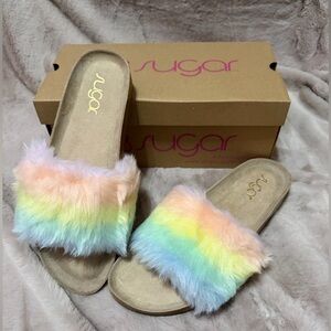 Sugar Pastel Rainbow Faux Fur Slide Sandals